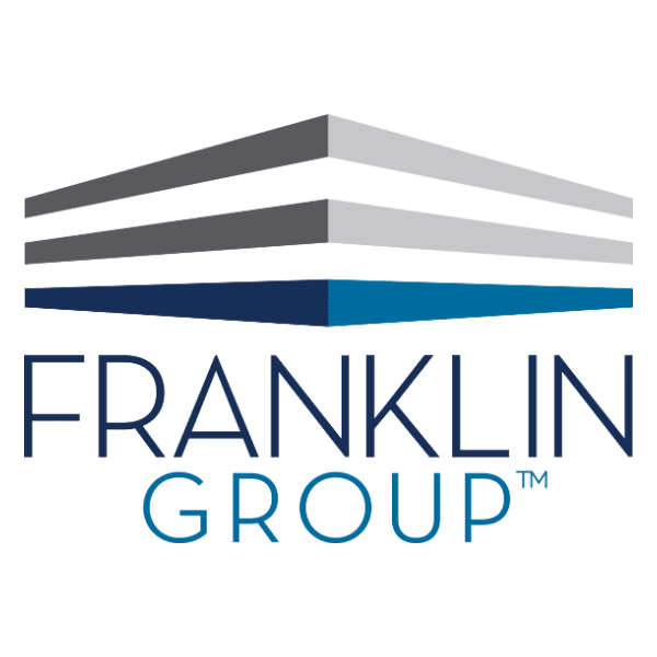 Logo of Franklin Group featuring a stylized, layered triangular design in shades of grey and blue above the text "FRANKLIN GROUP.